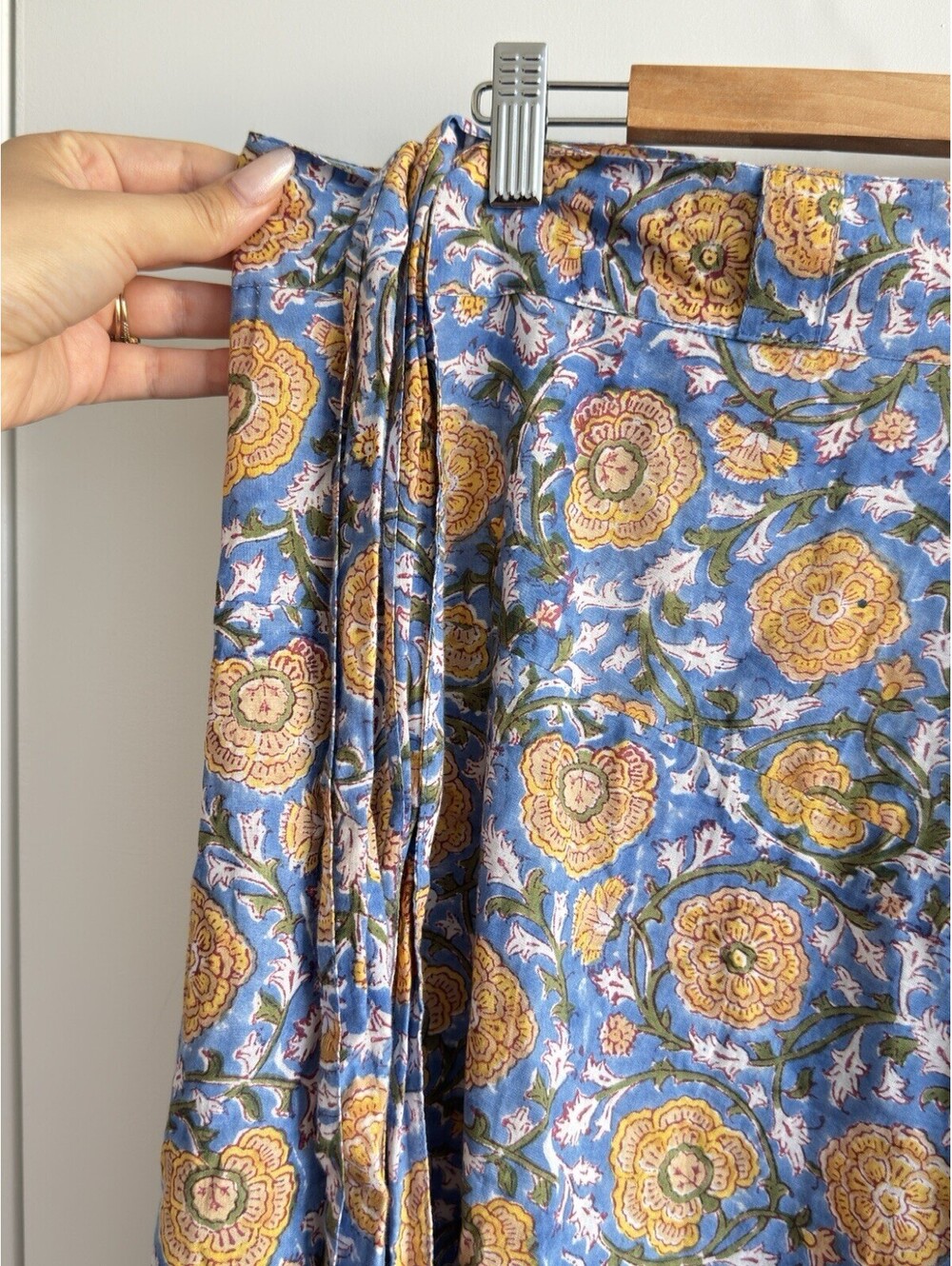 Banjaara Midi Wrap Skirt Blue Yellow Floral Hand Block Print Cotton L/XL - Picture 8 of 12